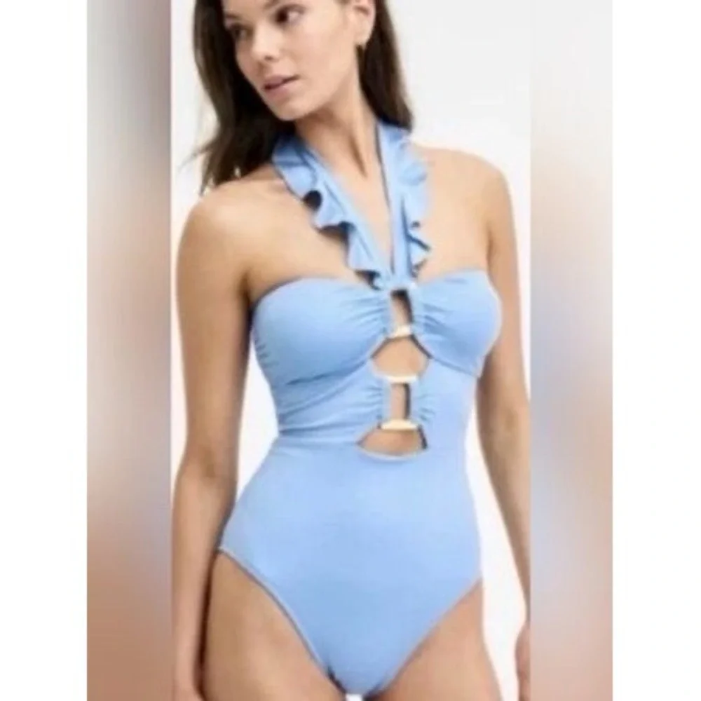 NWT Soluna One Piece Swimsuit Women Blue Ruffle Cutout Gold Hardware $98 Medium